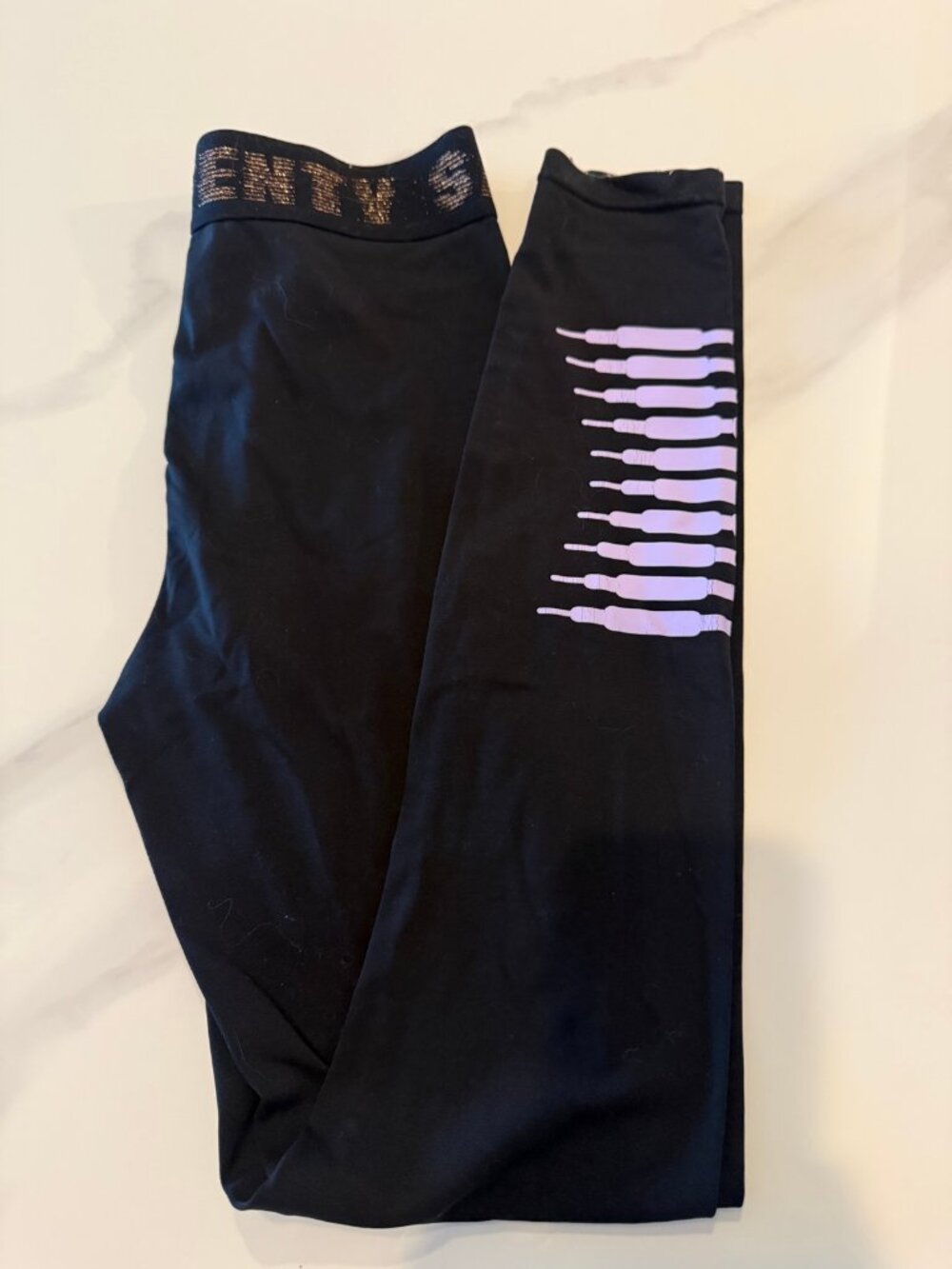 Savage X Fenty by Rihanna Black Leggings, Gold Glitter Logo Waistband, Size S